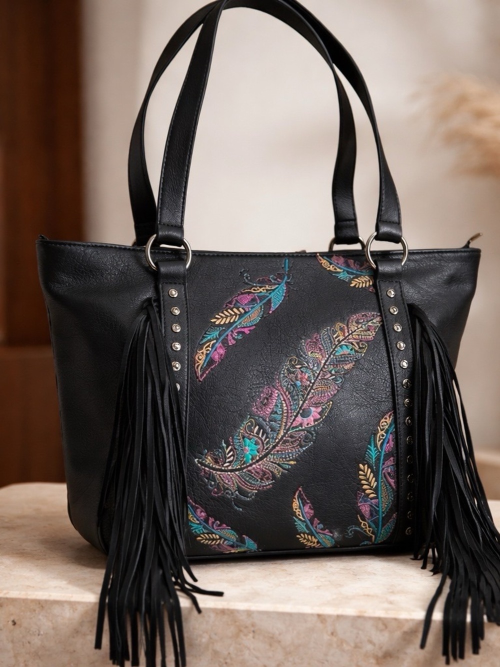 Montana West Feather Fringe Conceal Carry Tote Bag Black Western Cowgirl